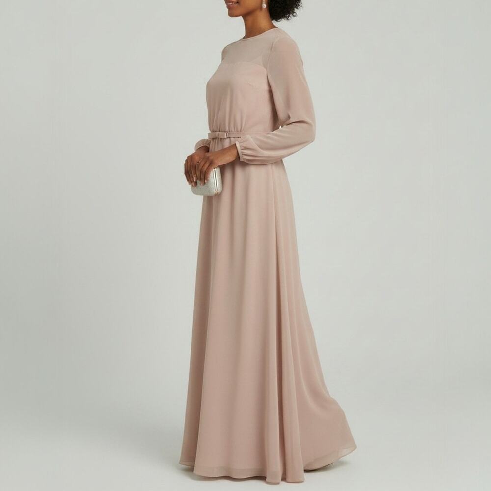 Dessy Collection Pink Long Sleeve Belted Chiffon Maxi Dress Women's Size 18 NWTF